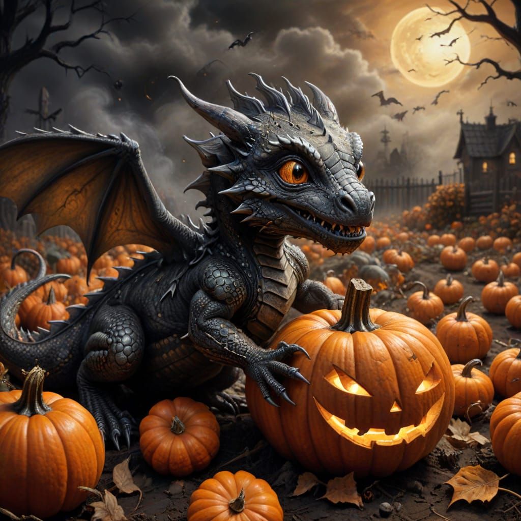 Baby Dragon Emerging From Halloween Pumpkin Patch Charcoal D...