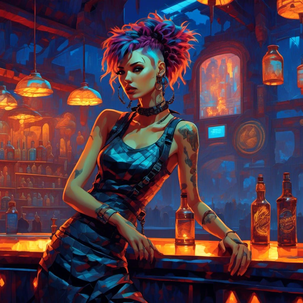 A beautiful Punk woman Leaning against the counter in a a Cy...
