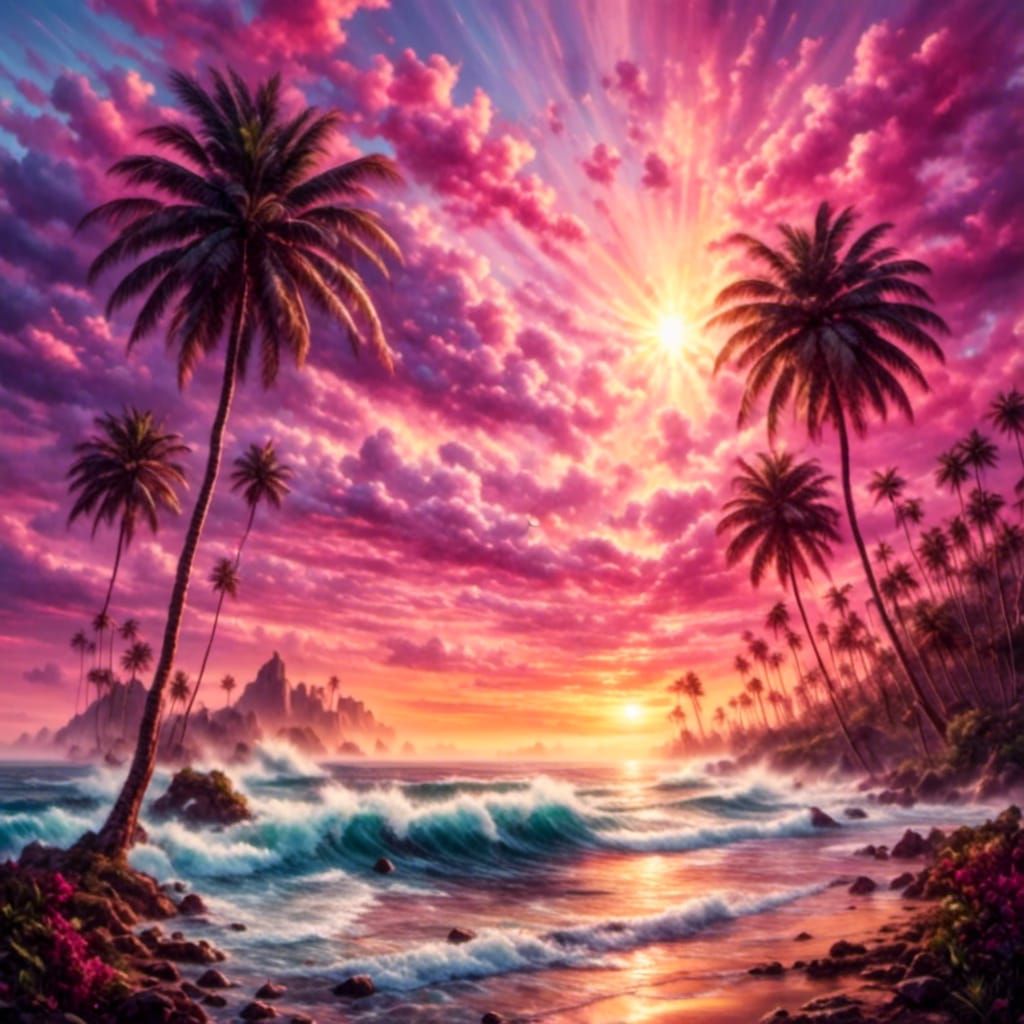 Magenta Sunset: Palm Trees in Surreal Oil Painting
