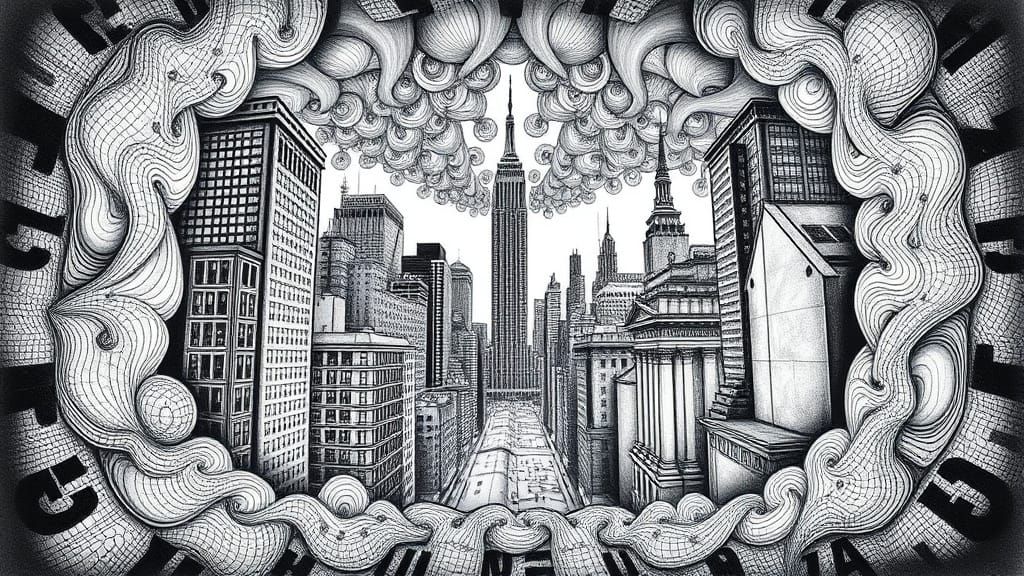 Fractal Cityscape Face Illusion in Charcoal Hyperdetail