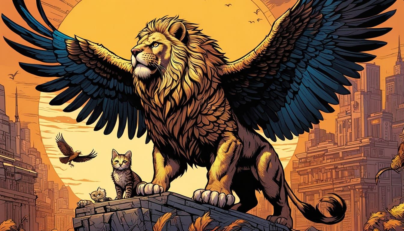 Winged Lion-Cat Guardian in Comic Book Style