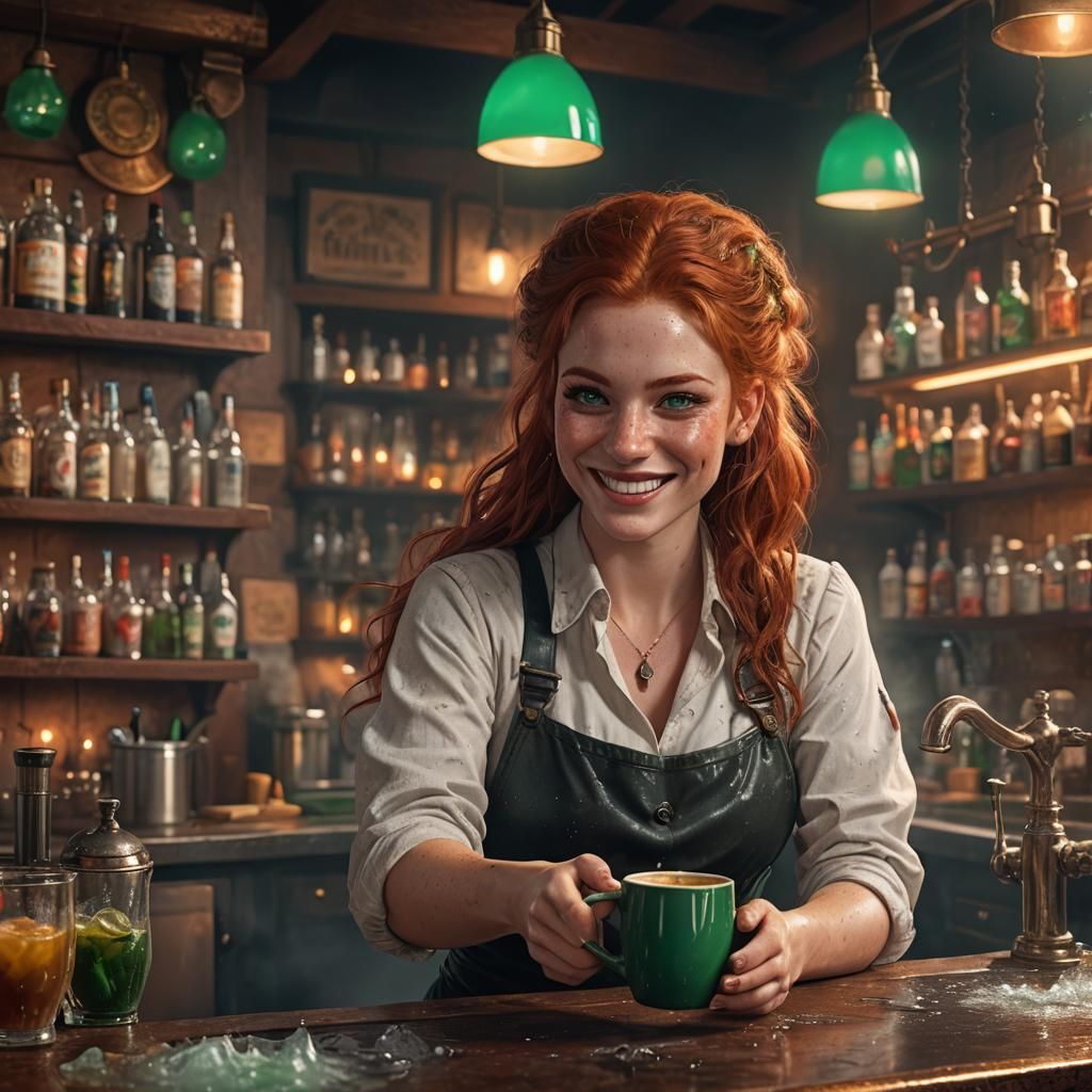 Red-Haired Bartender with Emerald Eyes, Fantasy Art