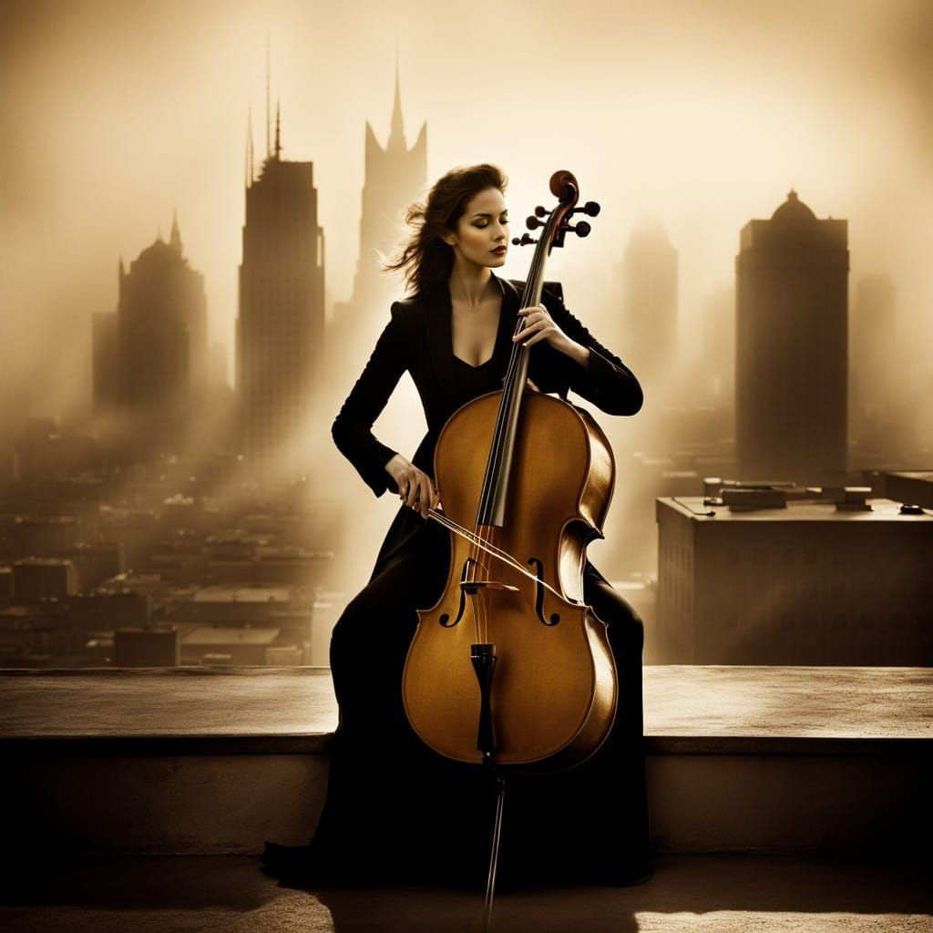 Sensual Cellist Amidst Golden Rooftop Elegance