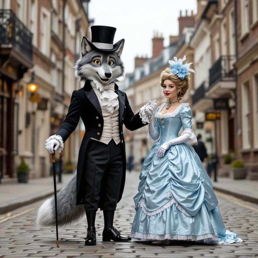 Anthropomorphic Wolf Tipping Hat in Rococo Cityscape