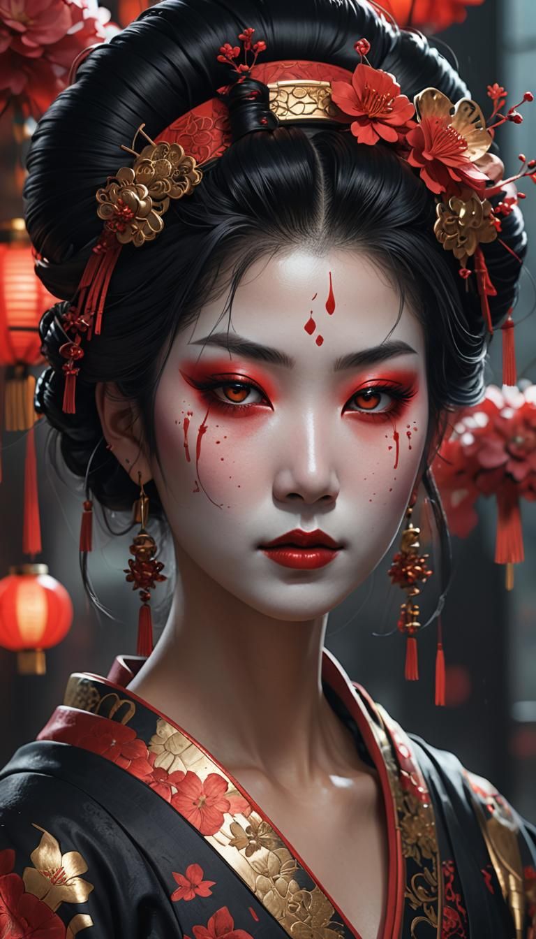 Gothic Geisha Portrait in Dynamic Lighting