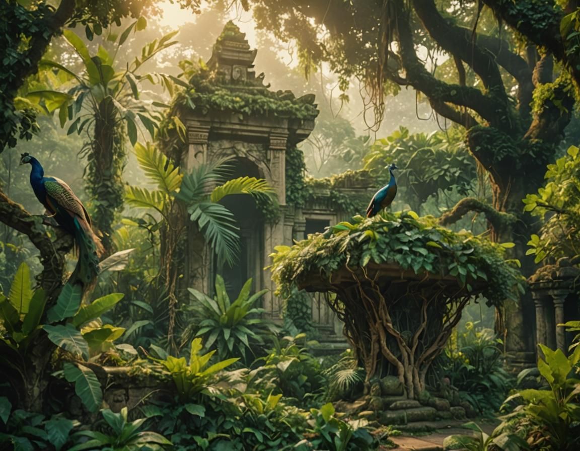 Jungle Temple with Peacock in Cinematic Style