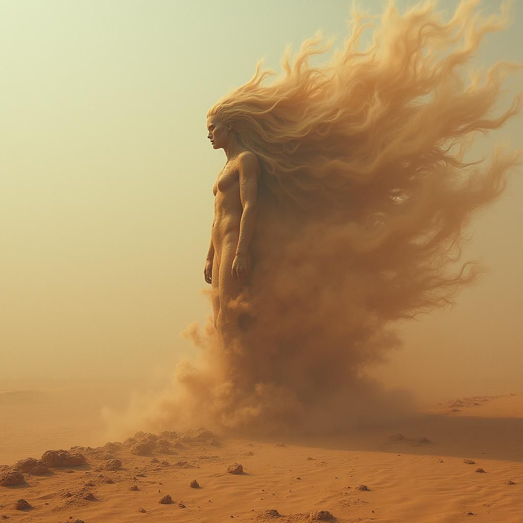Piaskowa burza na obcej planecie,piach i wiatr tworzą postać...