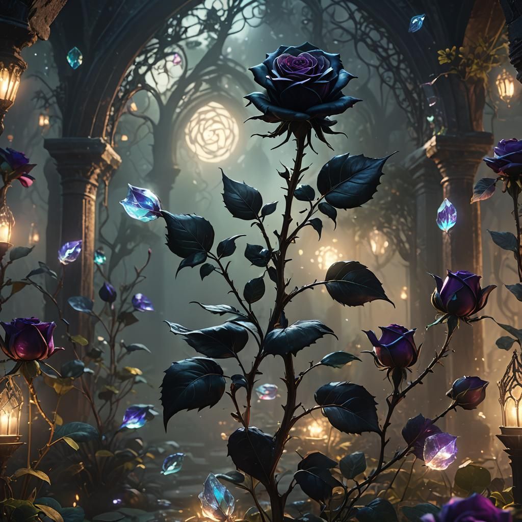 Crystal Black Rose in Gothic Fantasy Garden