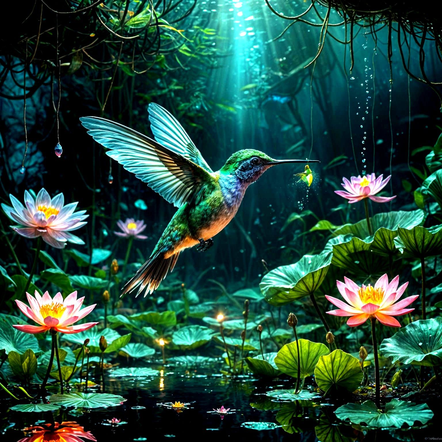 Bioluminescent Hummingbird Near Glowing Lotus Underwater