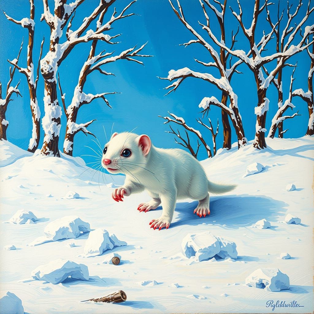 Winter Wonderland Weasel in Vibrant Oil Painting