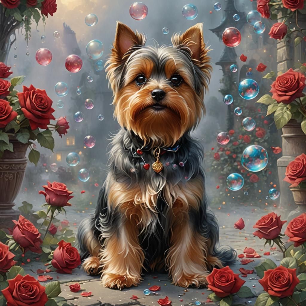 Yorkie in a Dreamlike Rose Garden