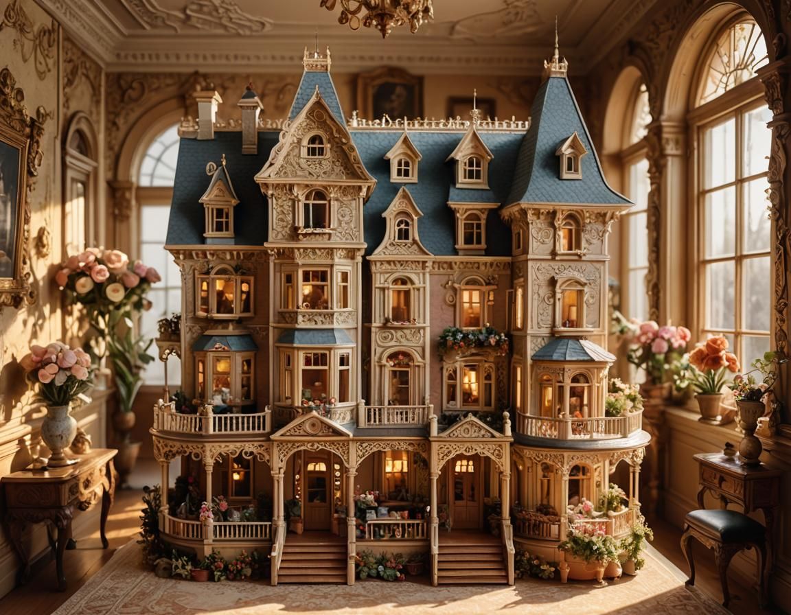 Victorian Dollhouse with Antique Furniture in Magical Light