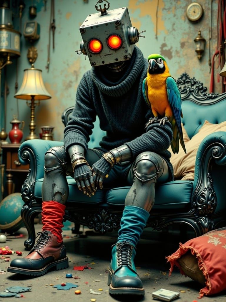 Gritty Robot in Noir Graphic Novel Style