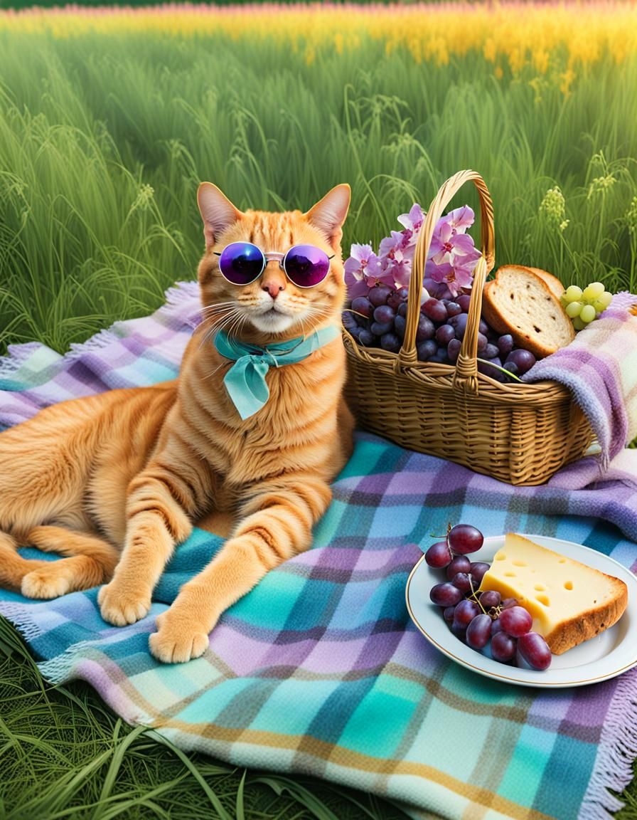 Pastel Picnic: Tabby Cat in Mystical Meadow