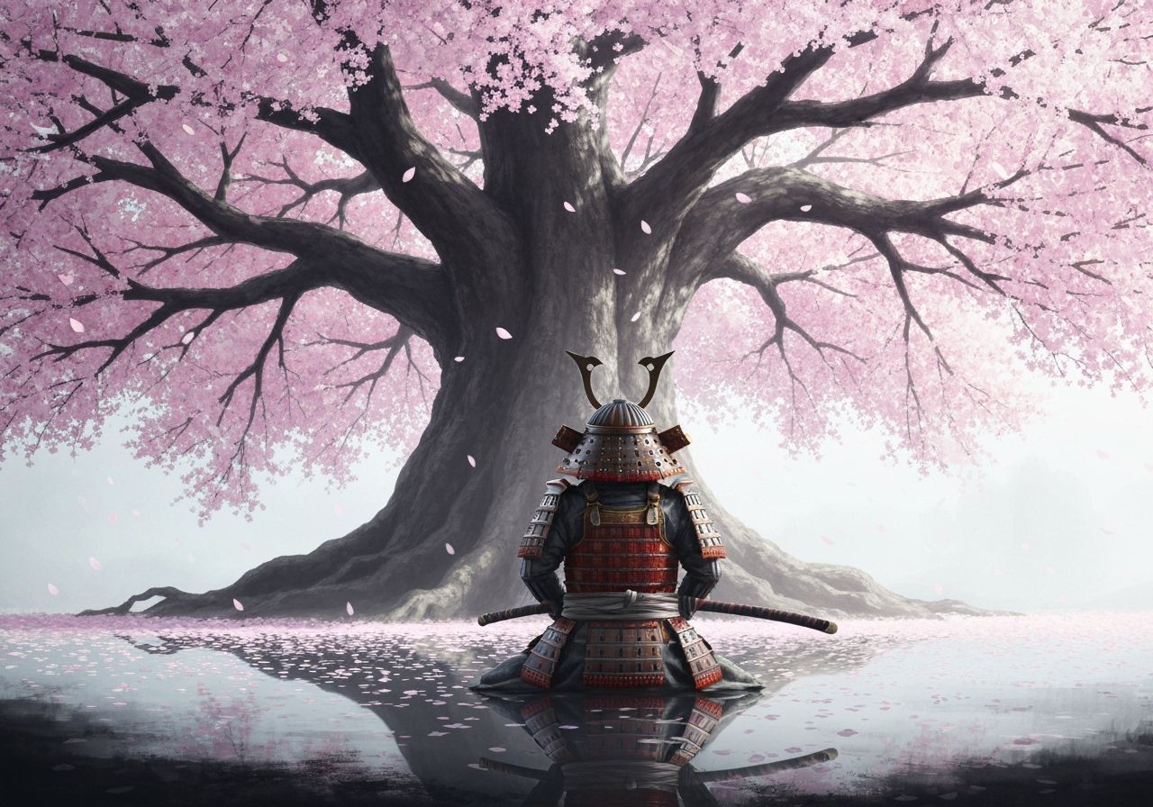 Samurai Meditating Under Cherry Blossom Tree
