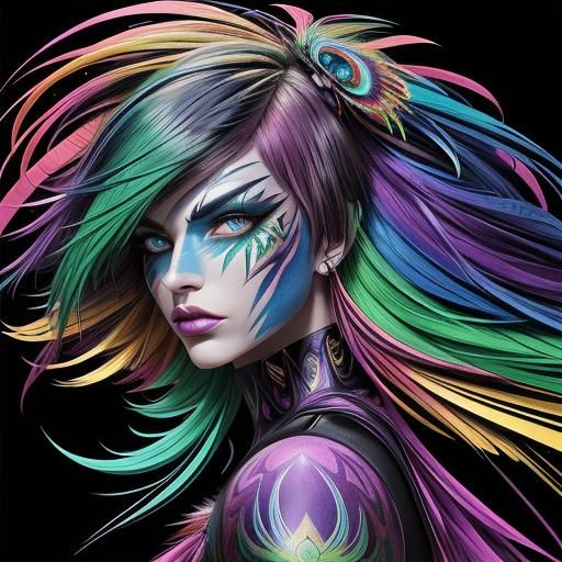 Rainbow Woman with Peacock Hair in Comic Art Style