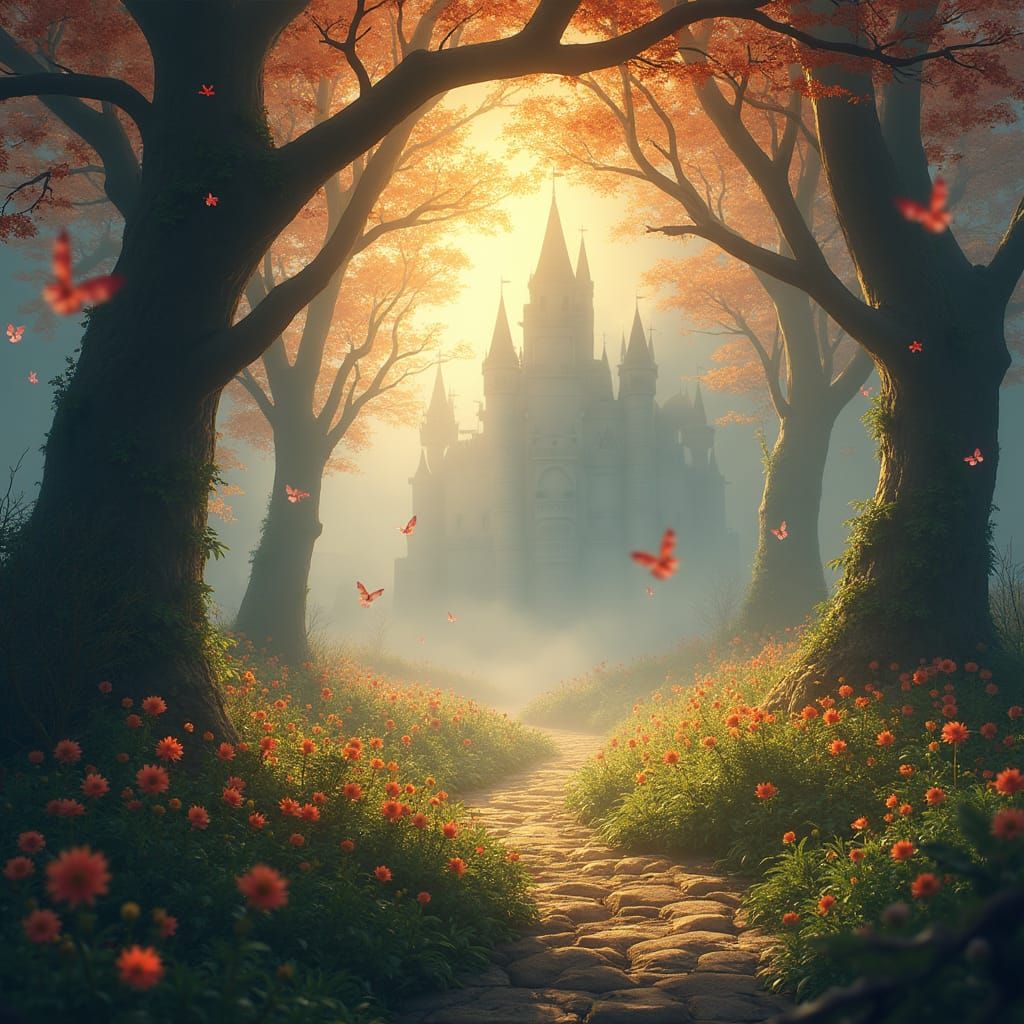 Enchanted Forest with Mystical Castle in Fantasy Style
