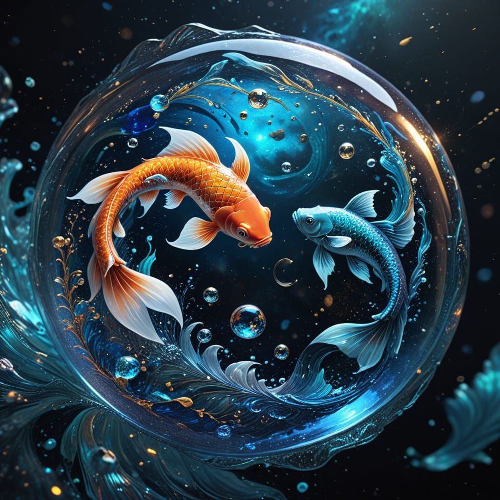 Dreamy Pisces Symbol in Cosmic Glass with Iridescent Koi Fis...