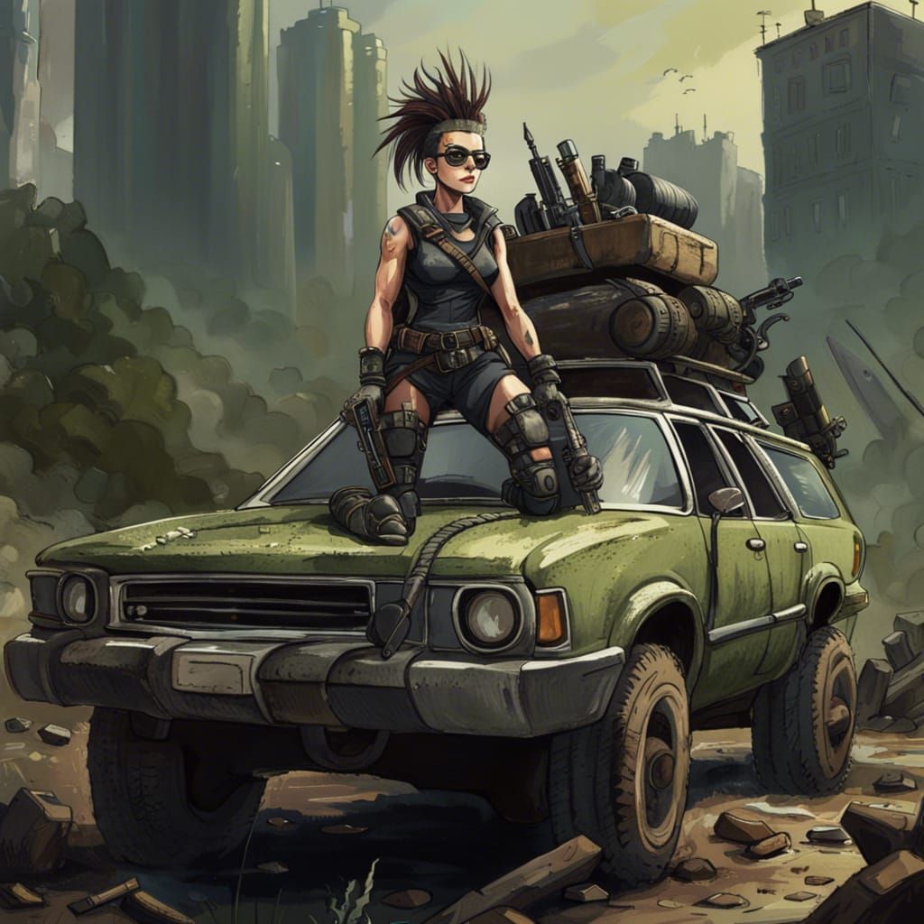 Post-Apocalyptic Warrior and Her Rocket-Launcher Car