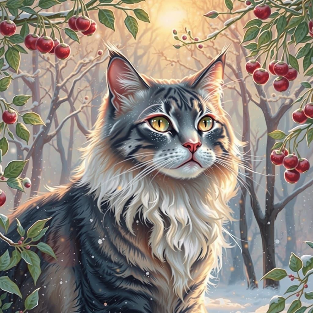 Whimsical Cat in Mistletoe Forest with Soft Focus