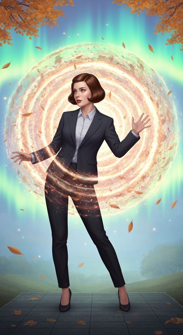 Surreal Woman Amidst Chaos in Pastel Tones