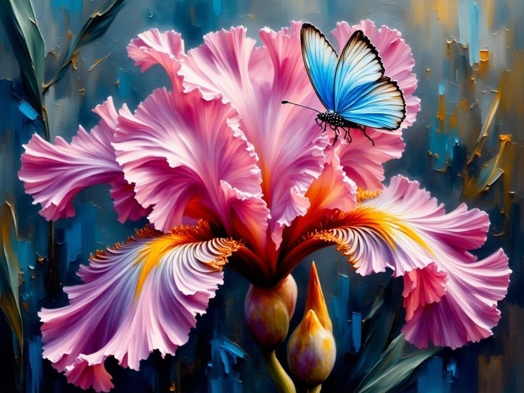 Hyperrealistic Impasto Oil Painting of Pink Iris Flower with...
