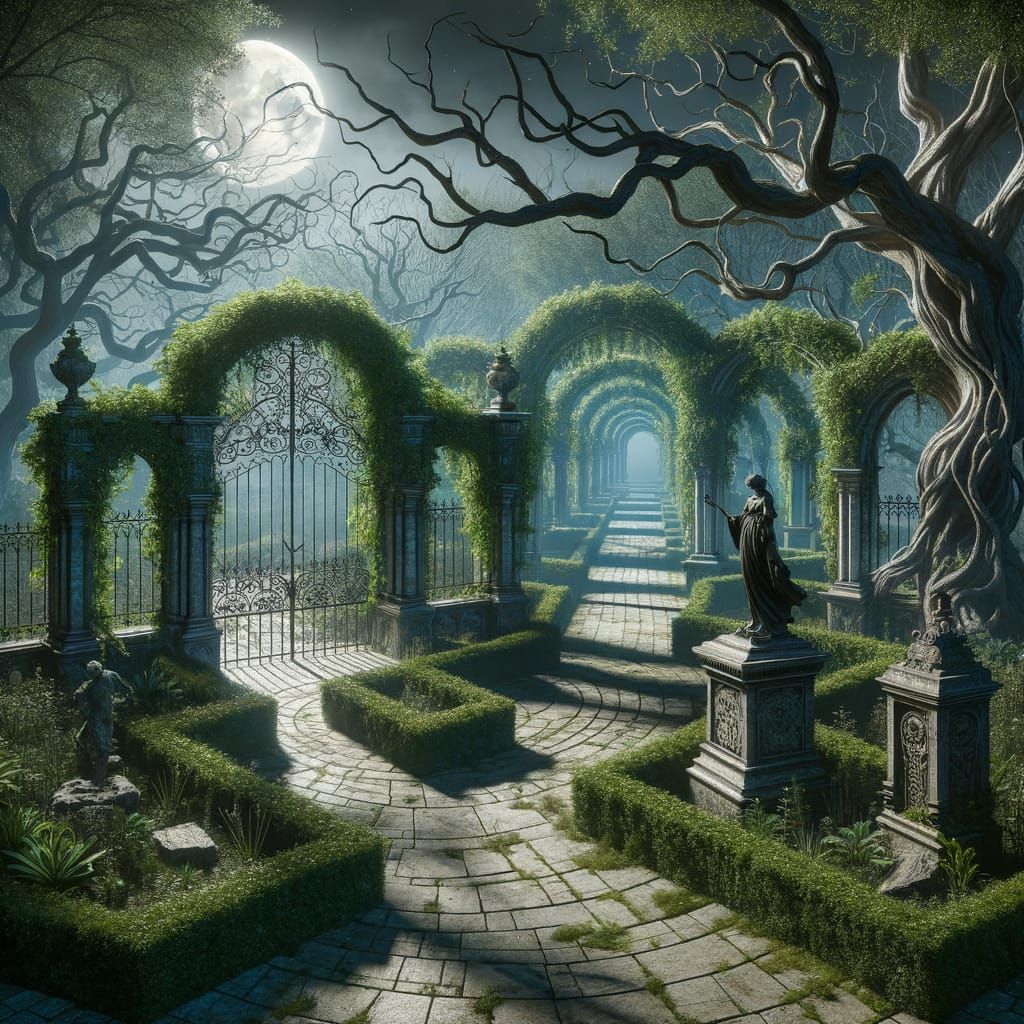 Ethereal Gothic Garden Under Moonlit Skies