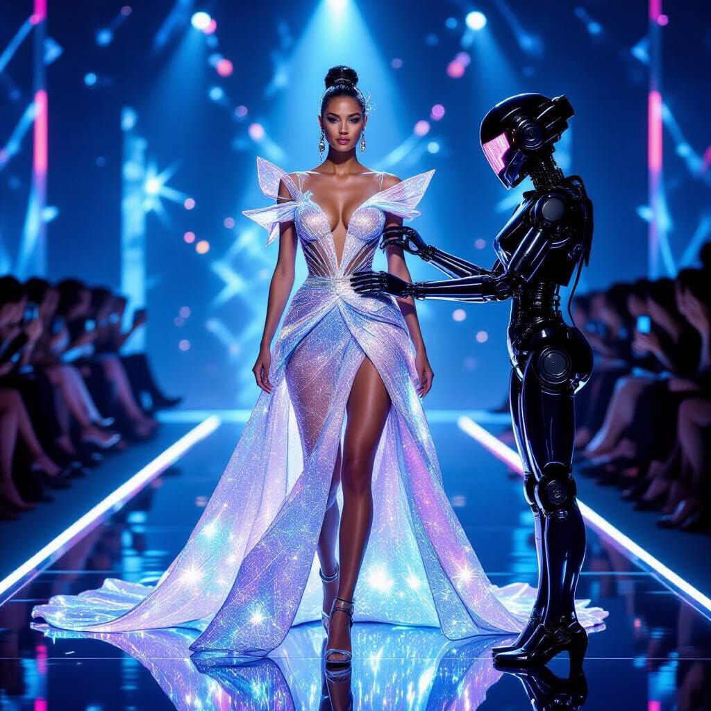 Cyborg Supermodel on Futuristic Runway in Electric Style