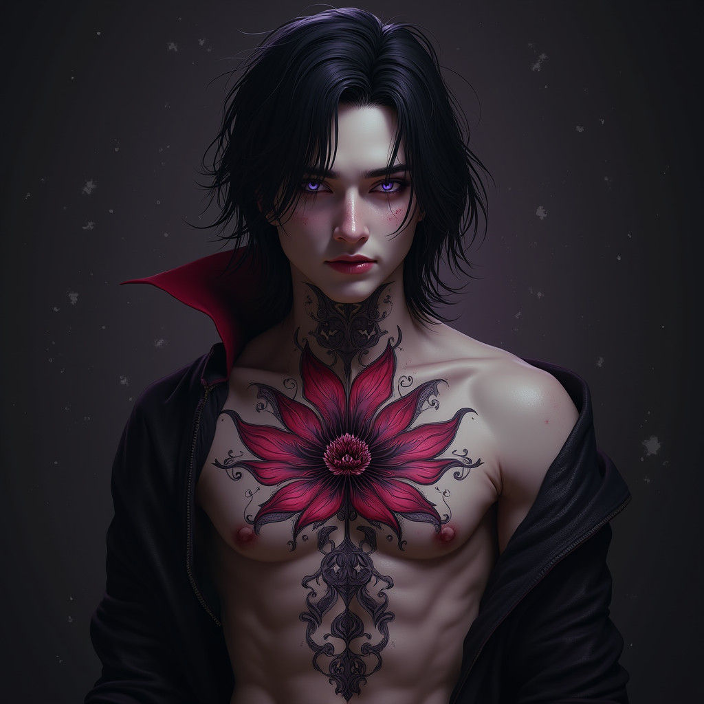 Elegant Vampire Portrait with Lirium Tattoo in Digital Art