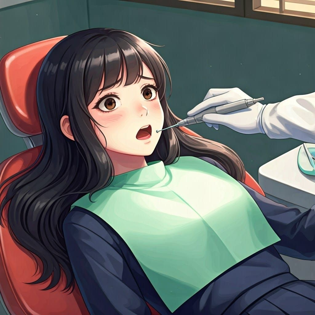 Teenage Girl's Dental Fear in Anime Style