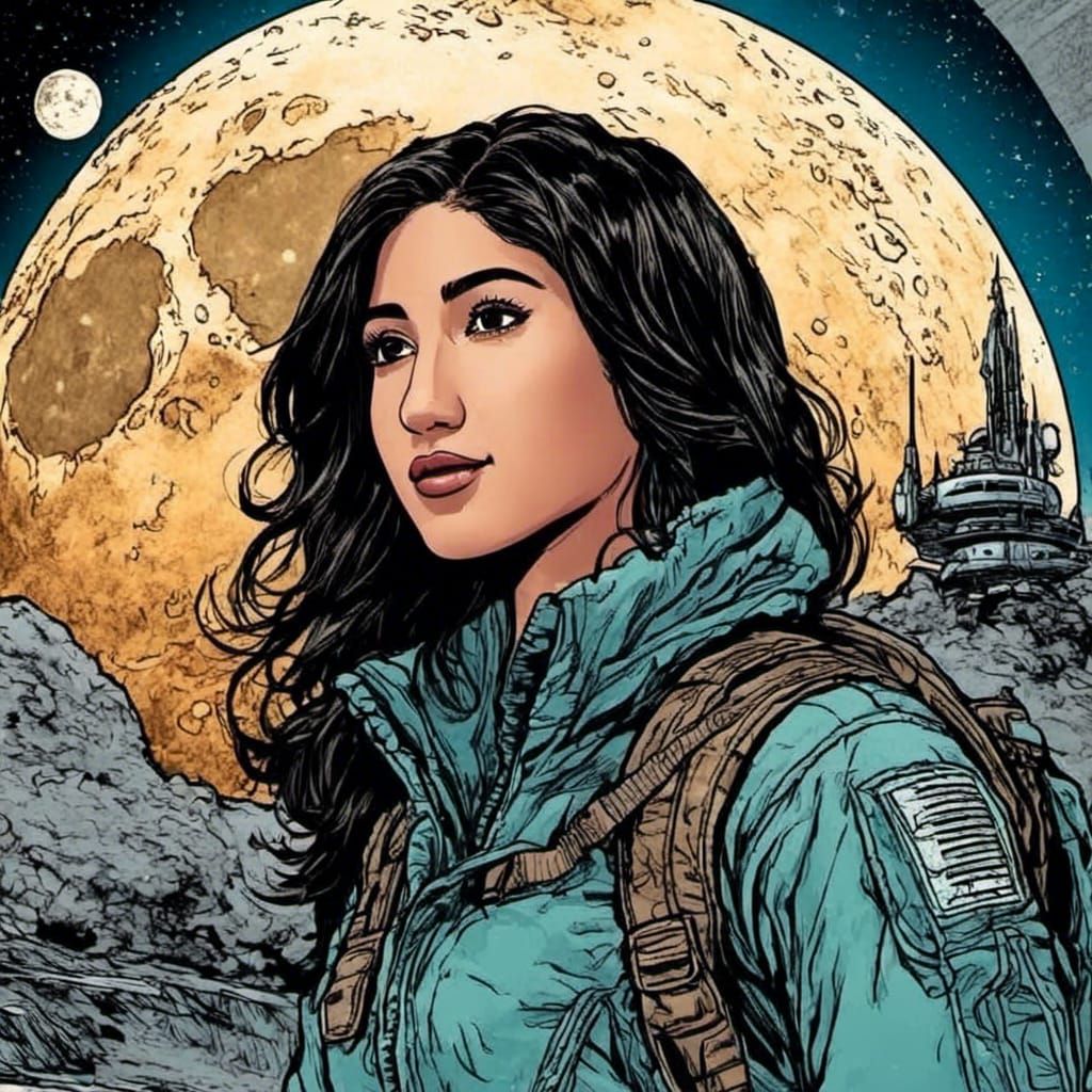 Woman Visits Moon in Comic Book Art Style