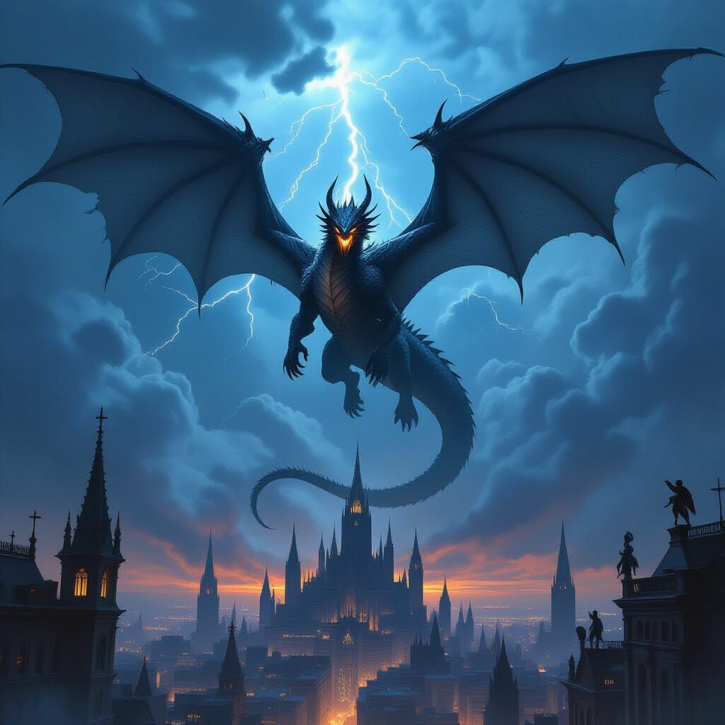 Ancient Dragon Soars Over Gothic Metropolis