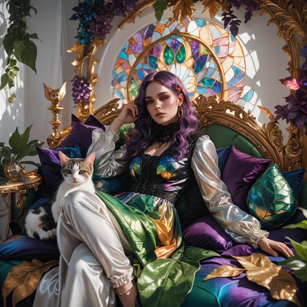 Gothic Fantasy Woman with Kitten in Dreamlike Scene