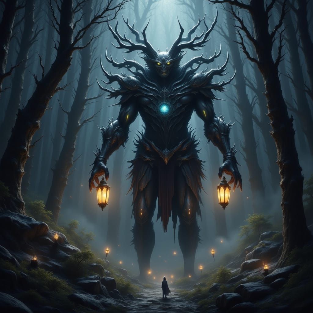 Antlered Giant Lights Lanterns in Dark Forest