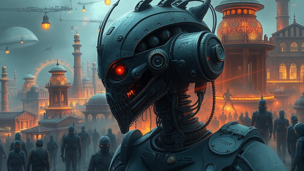 Crowded Robot City in India: Clockpunk Fantasycore Masterpie...
