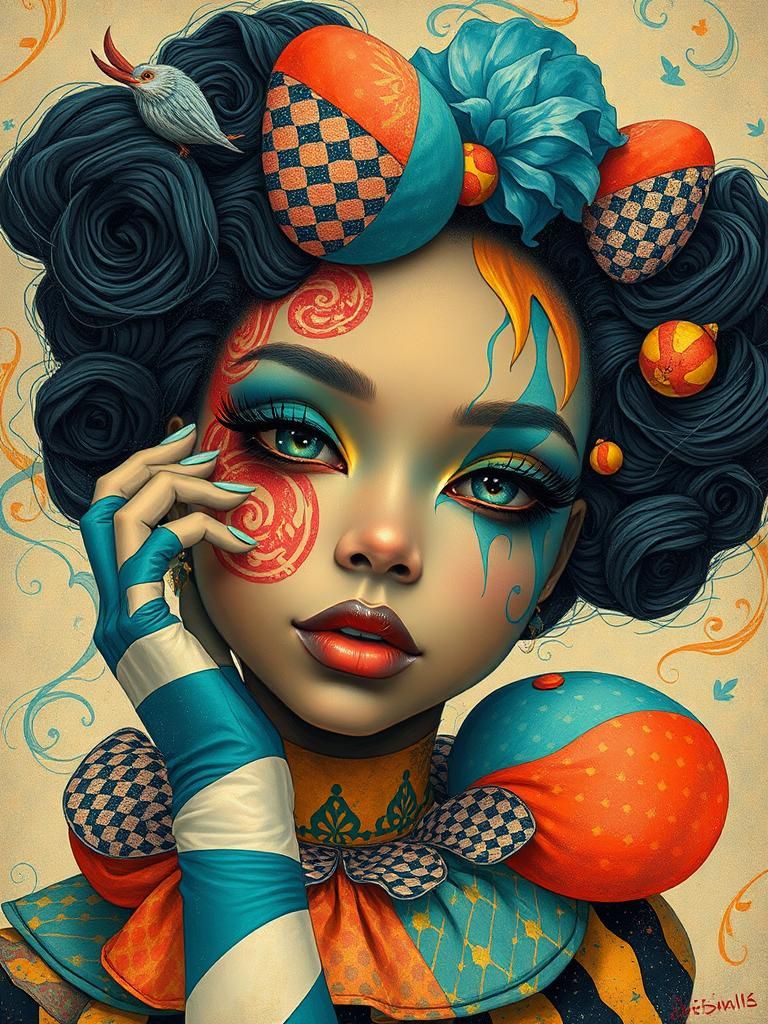 Vibrant Jester Woman in Surreal Pop Art Style