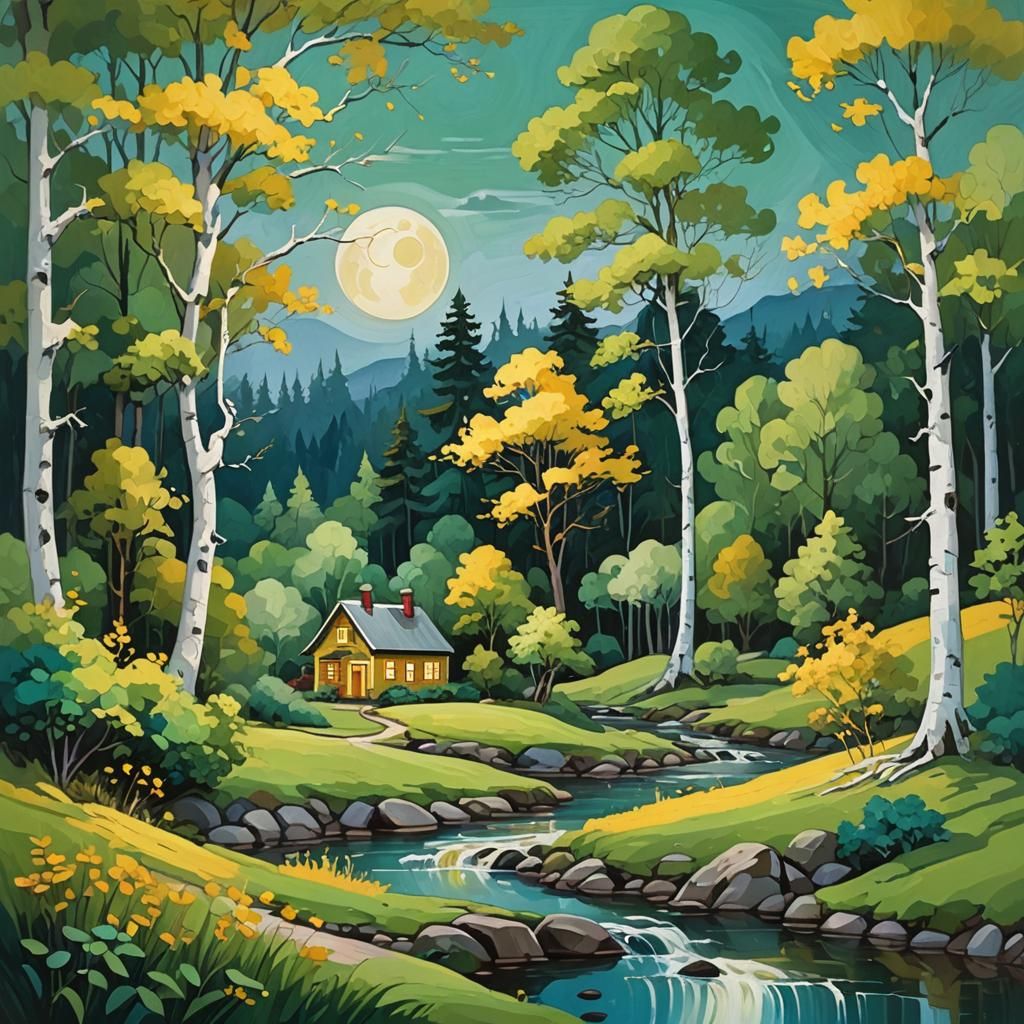 Vibrant Countryside Landscape Painting with Winding Stream