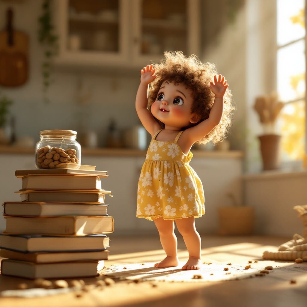 CGI Baby Reaches Cookie Jar Atop Book Pile