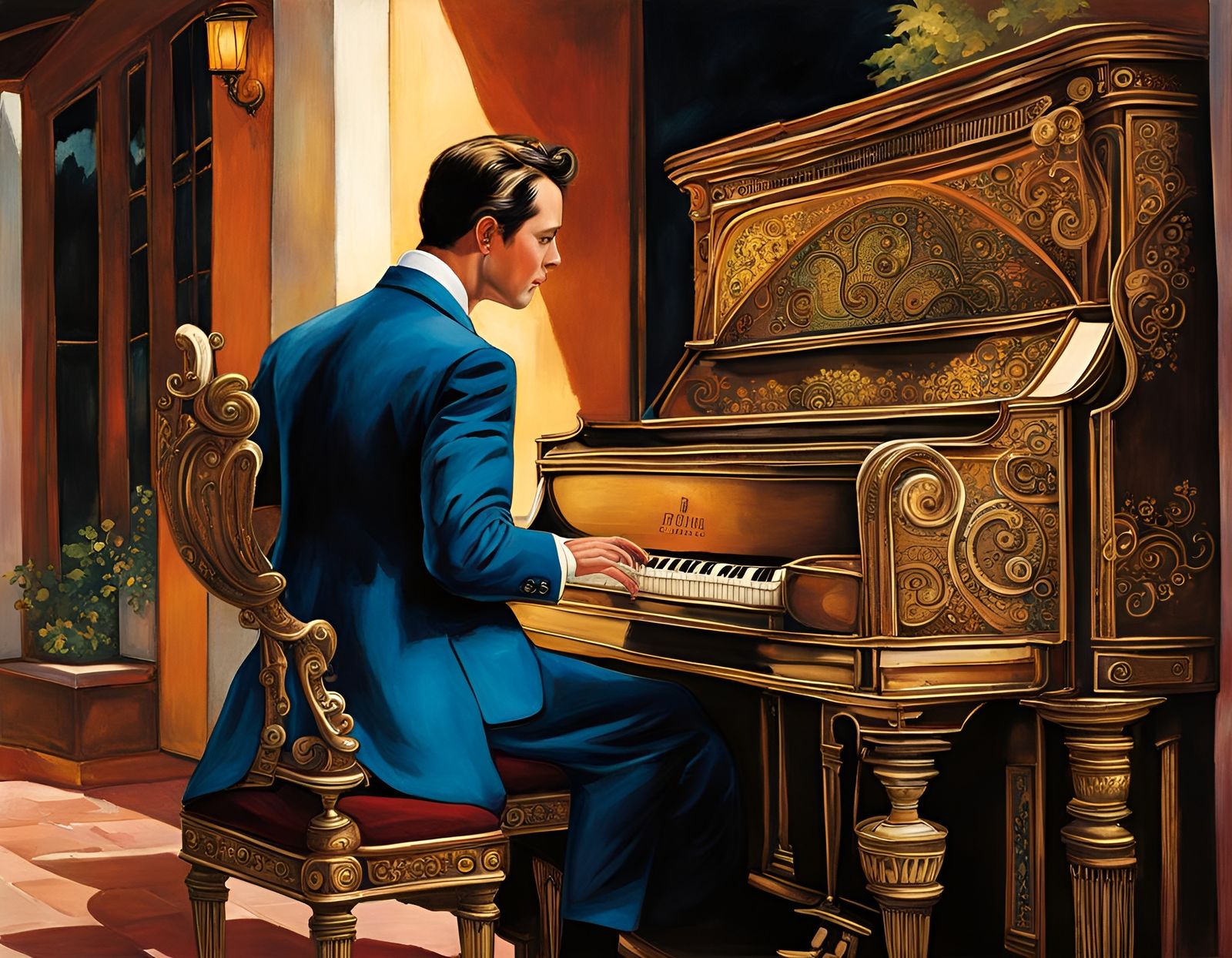 Man Plays Solitaire Outdoors in Watercolor Style