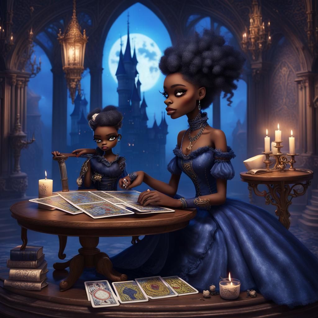 Victorian Goth Woman Reads Tarot in Fantasy Castle