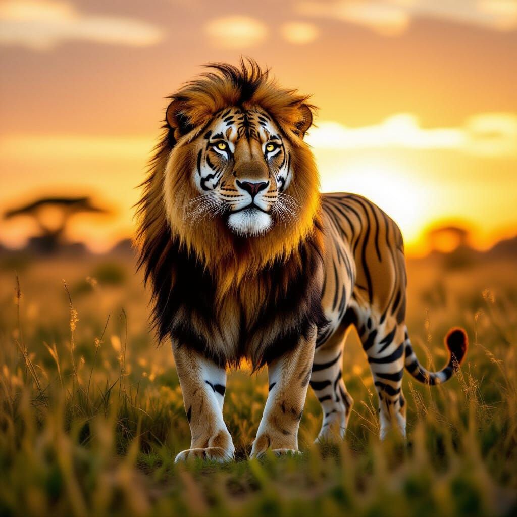 Majestic Tiger-Lion Hybrid in Golden Hour Savannah