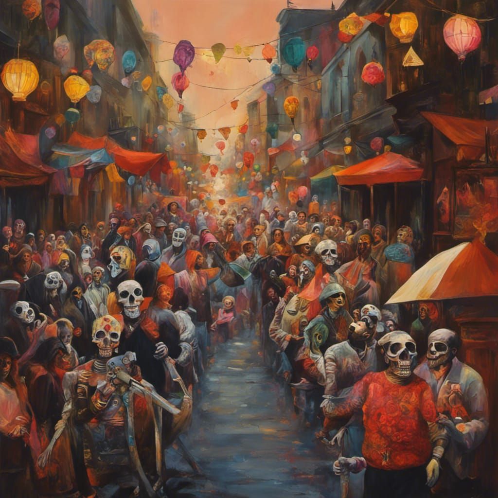 It's a crowded , crazy Mexican street celebrating Día de los Muertos