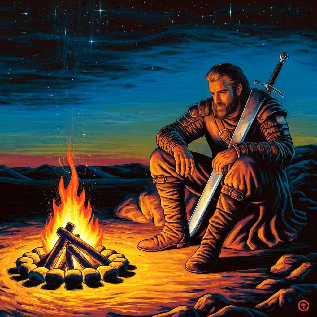 Hero's Vigilant Rest in Starlit Wilderness