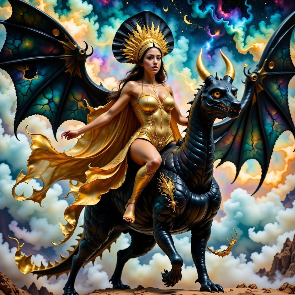 Golden Genie Rides Majestic Black Dragon in Enchanted Skies