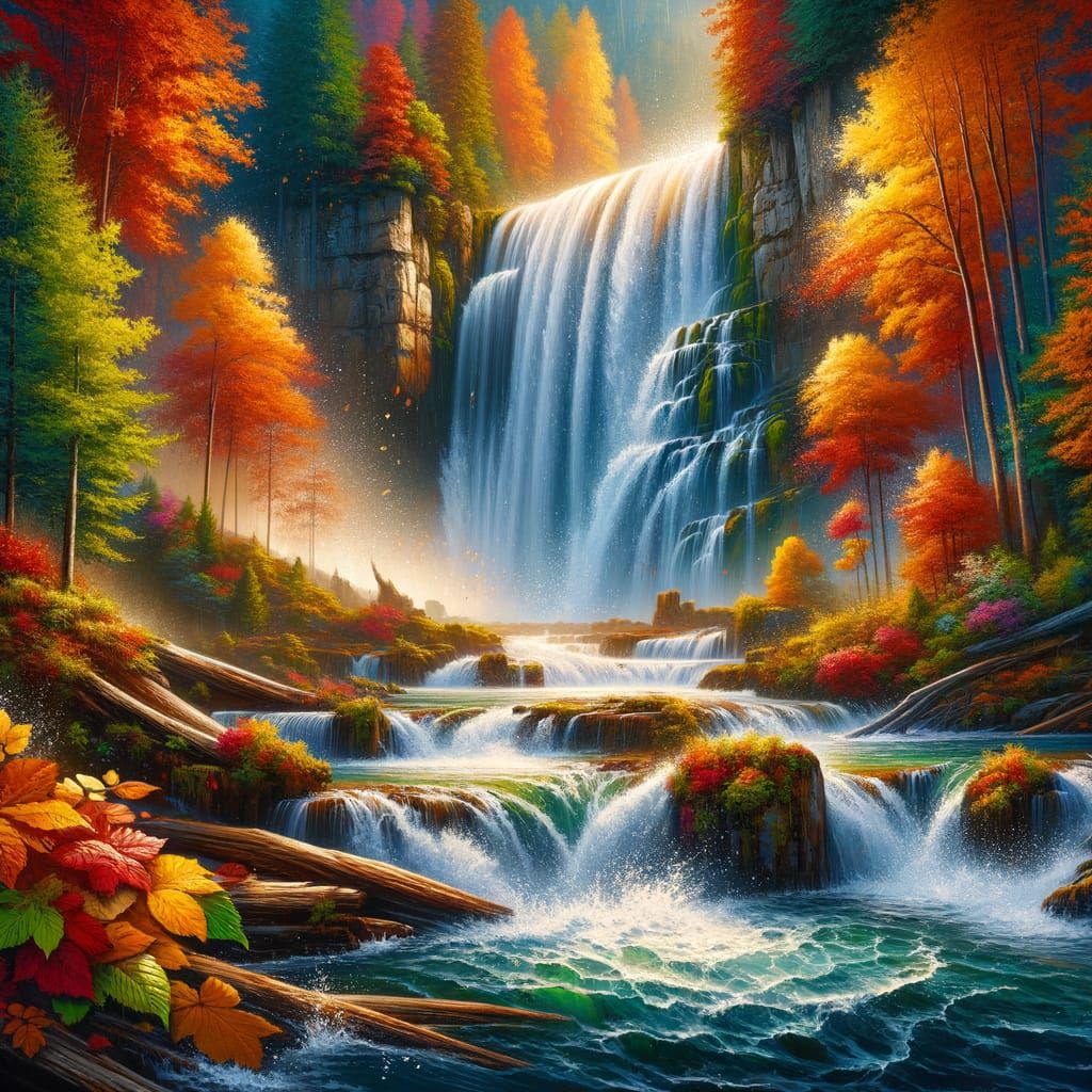 Hyperrealistic Autumn Waterfalls with Splash Art Effect
