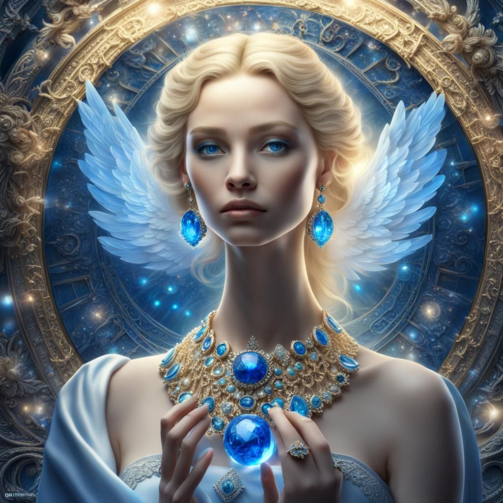 Mystical Angel Woman with Blue Gems, 3D Render