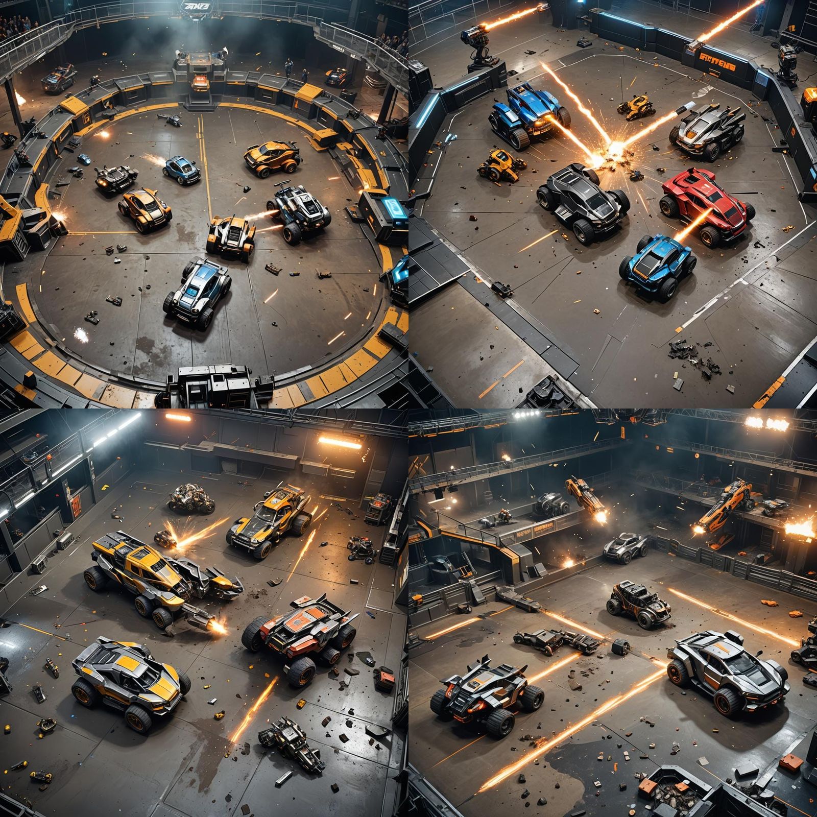 Robot Cars Clash in Futuristic Arena Battle