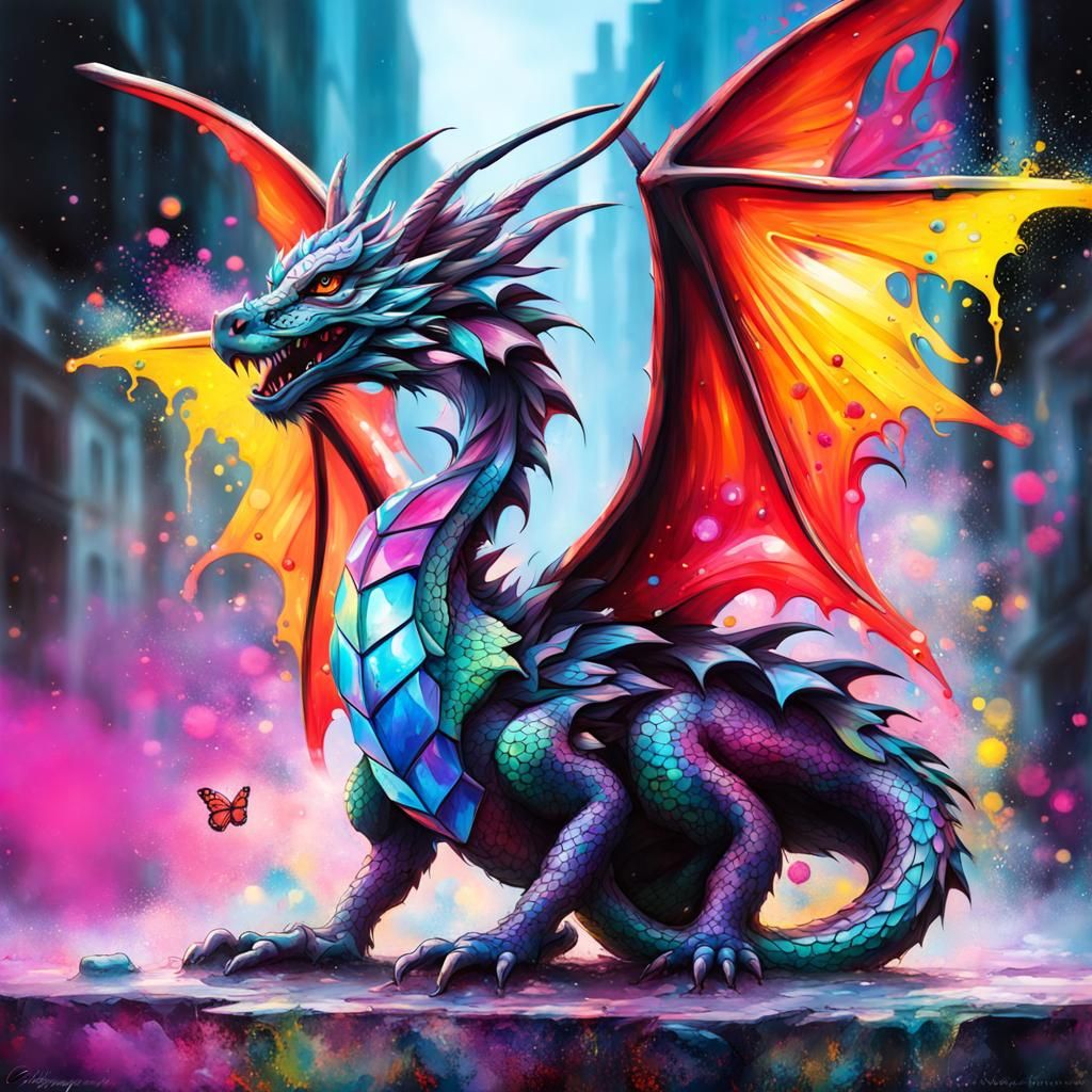 Crystal Dragon with Butterfly Wings in Graffiti Art