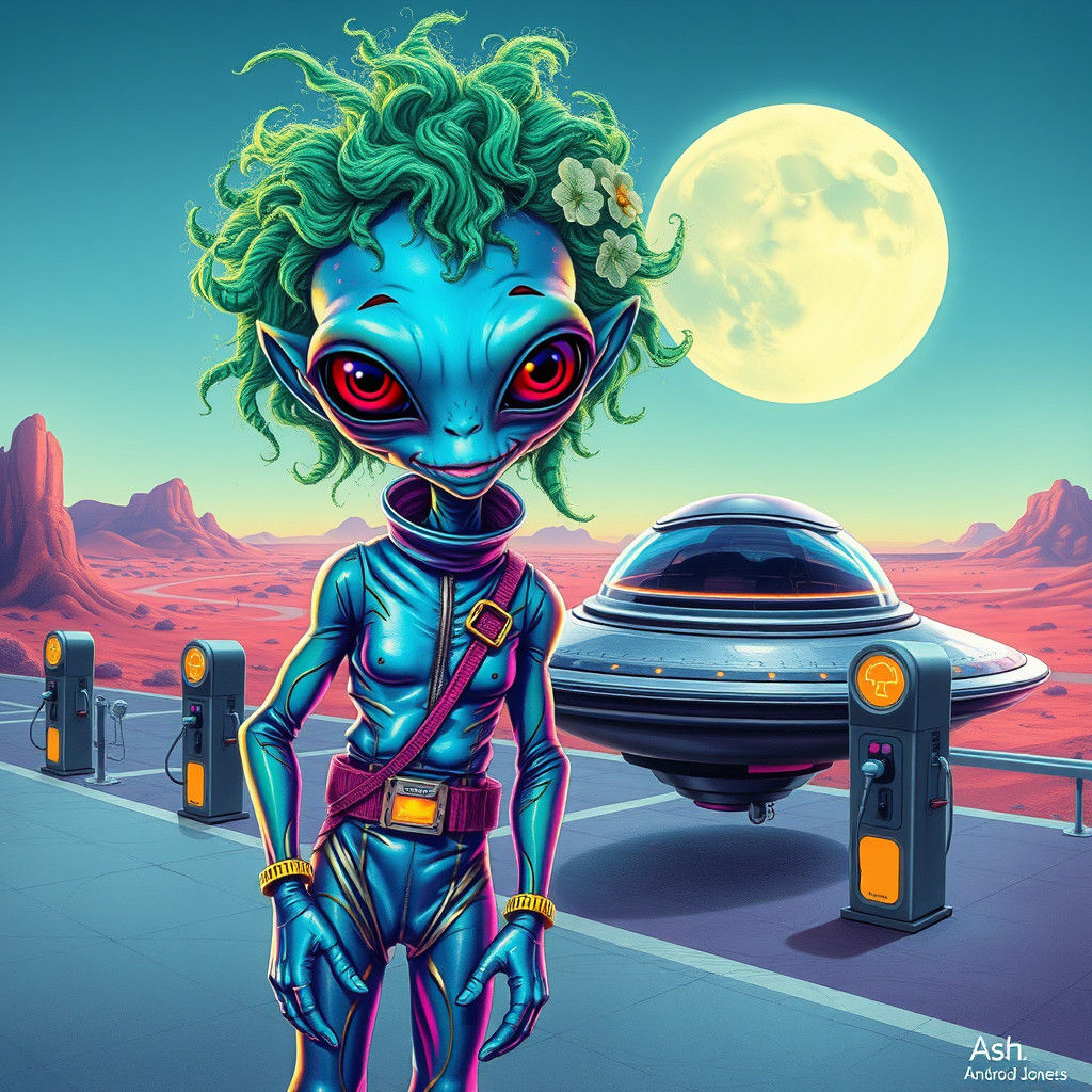 Surreal Alien Refuels UFO at Futuristic Station
