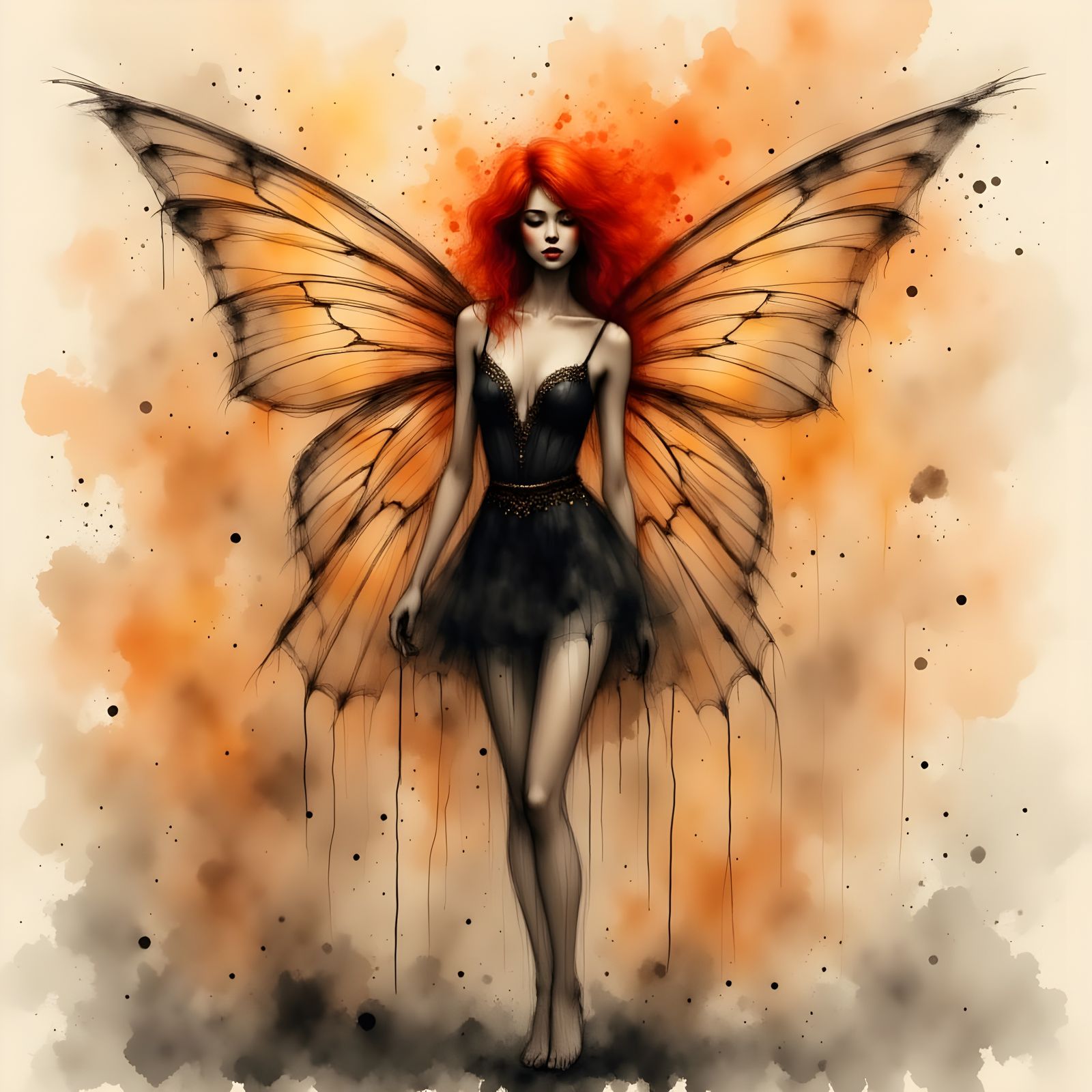 Beautiful Faerie with Fiery Hair and Golden Wings